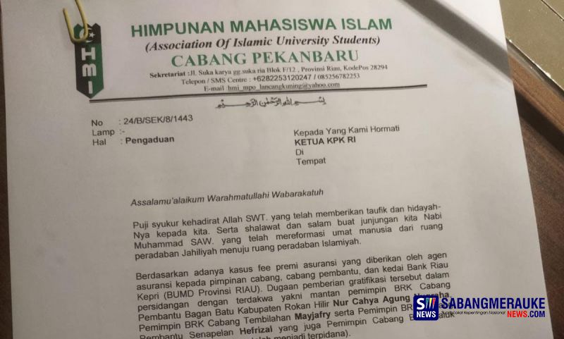 HMI Laporkan Dugaan Gratifikasi Fee Asuransi Kredit Bank Riau Kepri ke KPK!