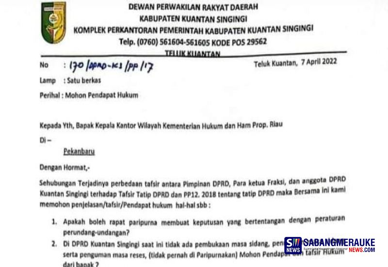 DPRD Kuansing Terbelah, Wakil Ketua DPRD Kuansing Minta Pendapat Hukum dari Kanwil Kemenkum HAM Riau