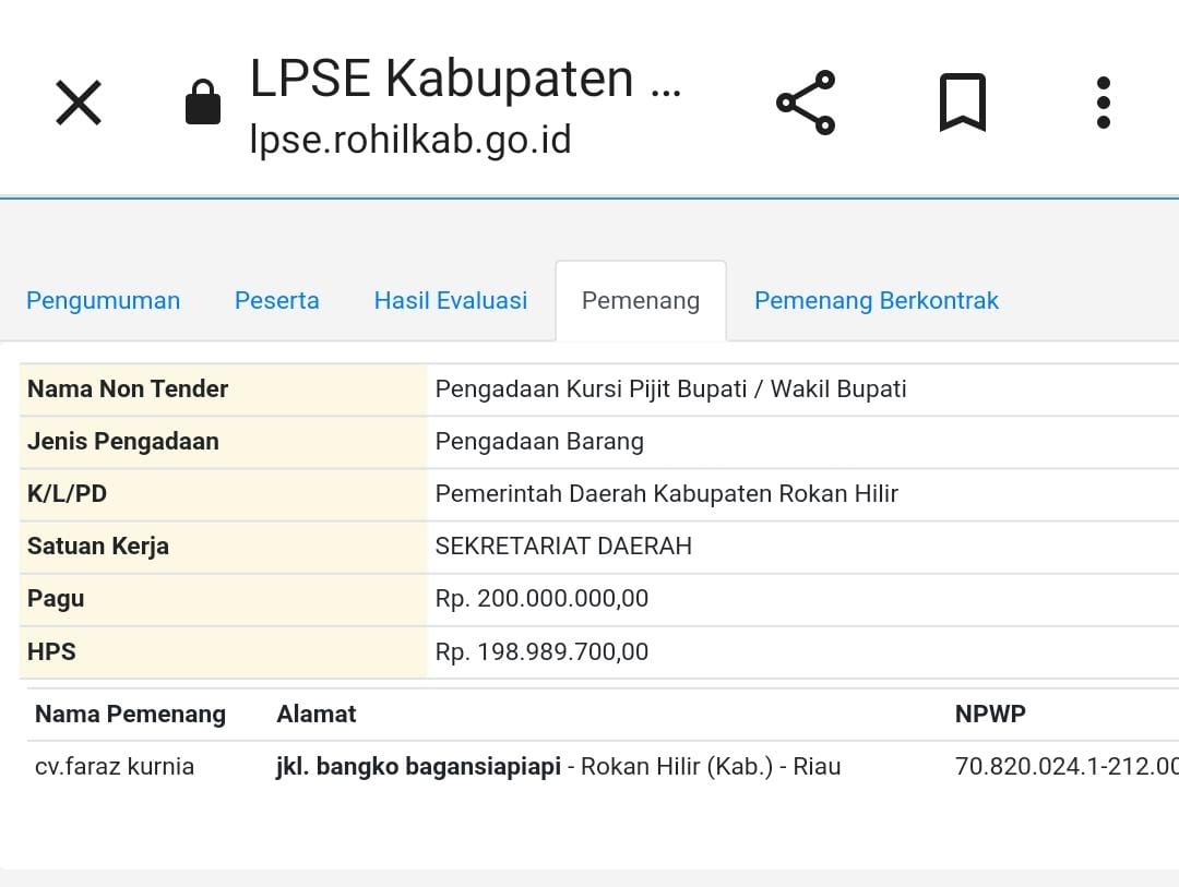 Ada Pengadaan Kursi Pijat untuk Bupati dan Wakil Bupati di APBD Perubahan 2022 Rohil