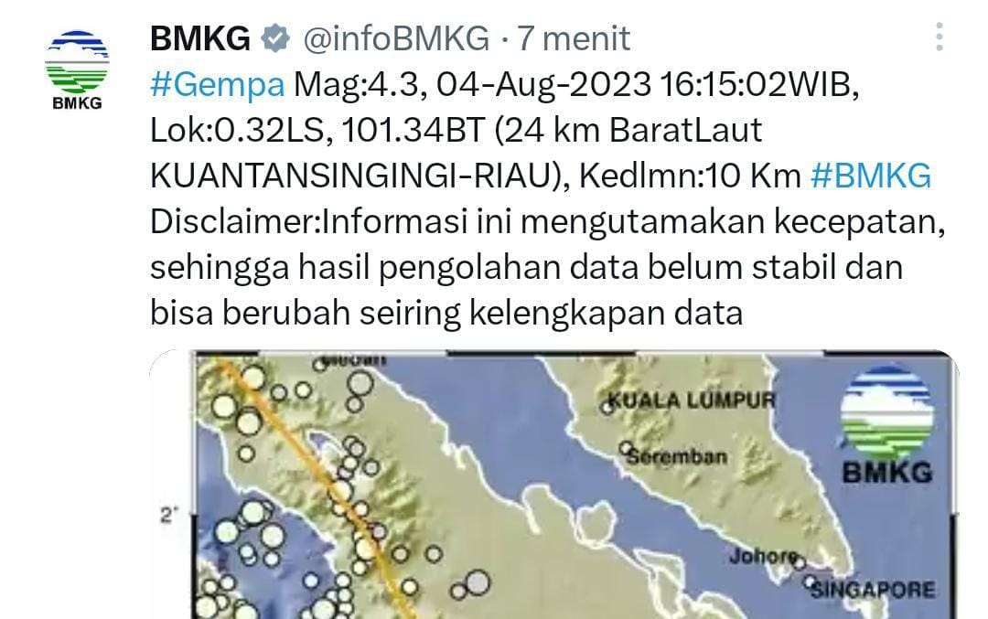 Gempa Guncang Kuantan Singingi, BPBD Sebut Belum Ada Korban dan Kerusakan Bangunan