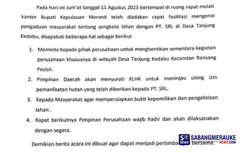 4 Hasil Rapat Pemkab Meranti Soal Penolakan Warga atas Pembukaan Lahan PT Sumatera Riang Lestari: Bupati Surati Menteri LHK Tinjau Ulang Izin HTI