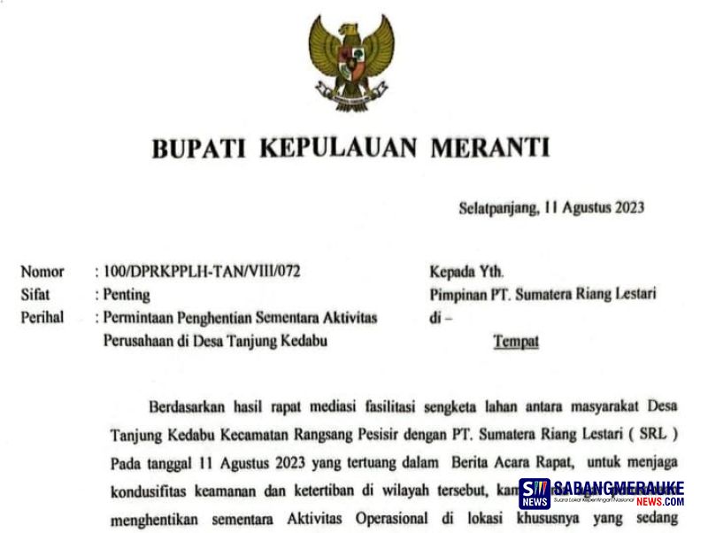 Ini Isi Lengkap Surat Bupati Asmar yang Minta PT Sumatera Riang Lestari Hentikan Aktivitas di Tanjung Kedabu
