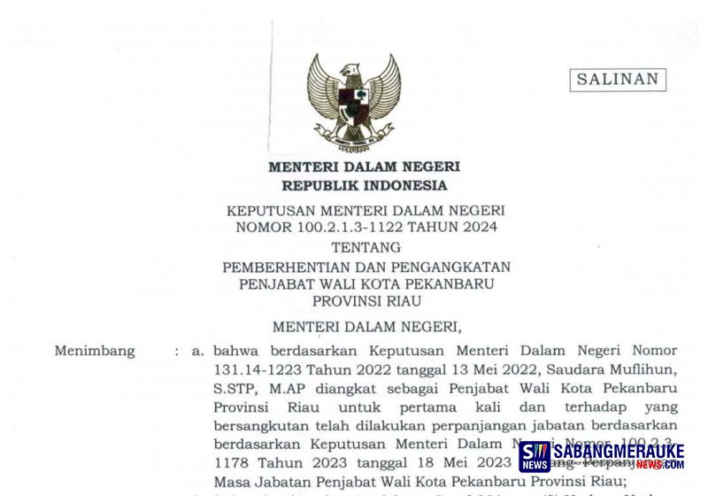 Sah! Ini SK Mendagri tentang Pengangkatan Risnandar Mahiwa Jadi Penjabat Wali Kota Pekanbaru