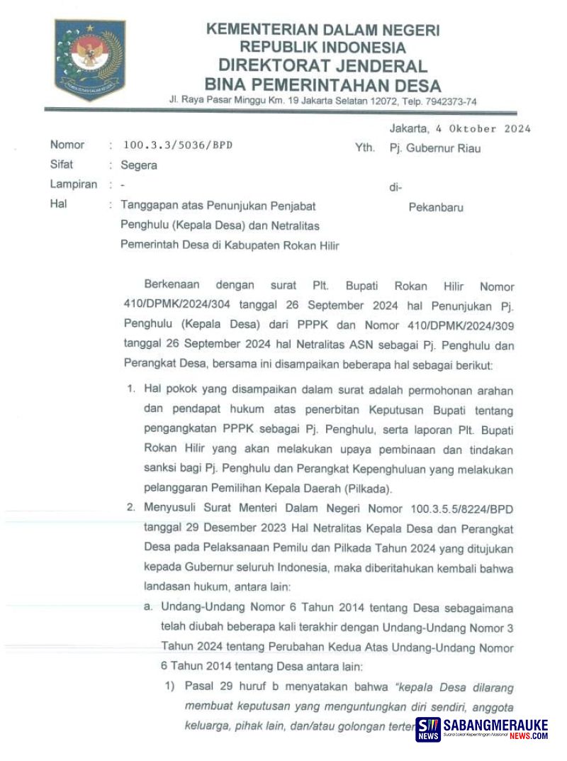 Dirjen Bina Pemerintahan Desa Kemendagri Tanggapi Surat Plt Bupati Rokan Hilir Tentang Netralitas ASN sebagai Pj Kepala Desa