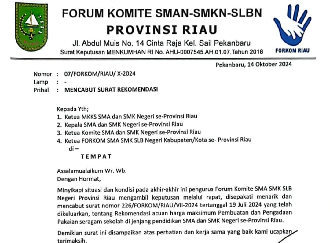 Setelah Heboh Bisnis Gurih Seragam Siswa SMA/SMK Negeri di Riau Tembus Rp 174 Miliar, Forum Komite Sekolah Cabut Surat Rekomendasi Harga