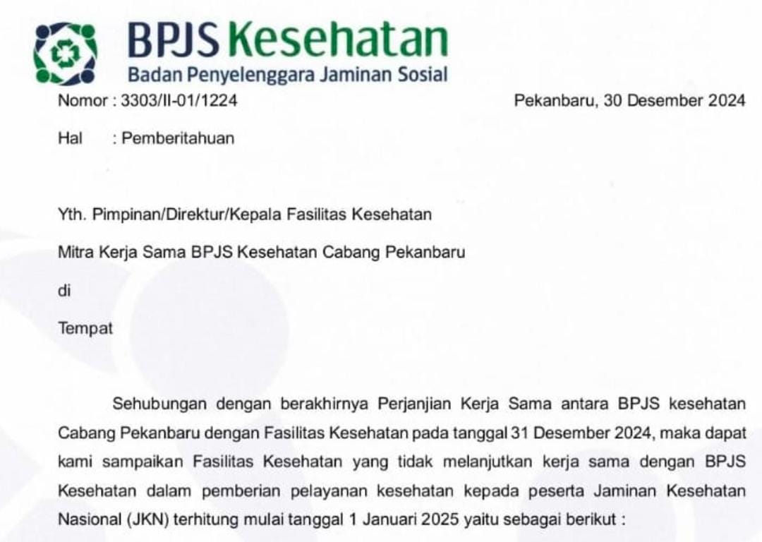 BPJS Kesehatan Putus Kerjasama 6 Rumah Sakit dan Klinik di Pekanbaru dan Pelalawan, Ini Daftarnya 