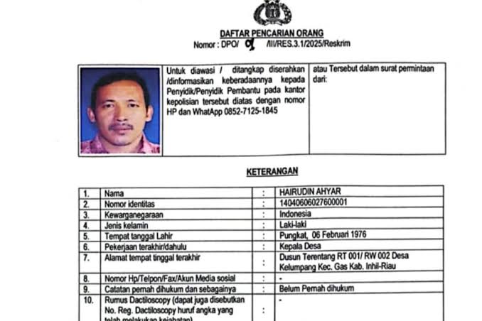 Kasus Korupsi Rp 1,3 Miliar, Eks Kades di Inhil Jadi Buronan