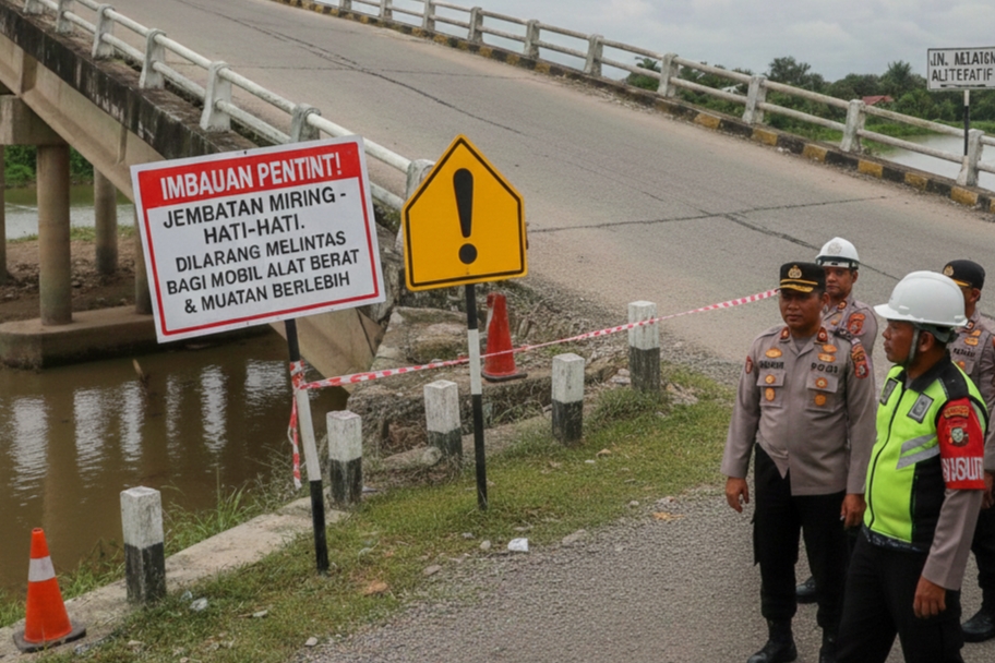 Waspada! Jembatan Sungai Gelora Selatpanjang Miring, Diduga Dampak Beban Alat Berat Melintas