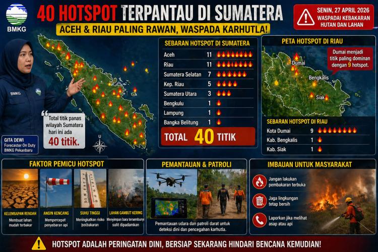 40 Hotspot Muncul di Sumatera, Riau dan Aceh Jadi Zona Paling Rawan Hari Ini