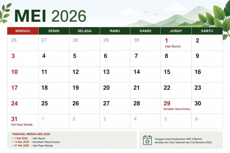 Daftar Hari Libur Nasional dan Cuti Bersama Mei 2026 Lengkap dengan Long Weekend