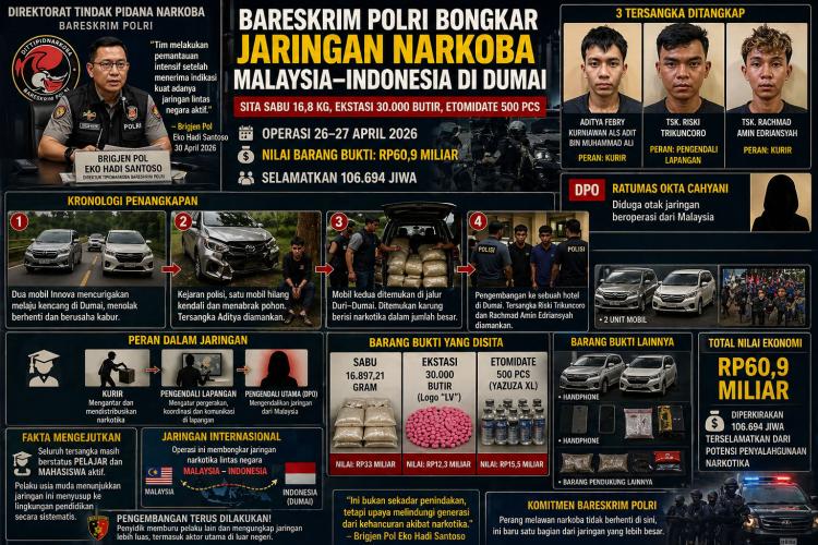 Ditangkap di Dumai, Kurir Narkoba Internasional Ditangkap Bareskrim Sembunyi di Kamar Hotel, Barang Bukti 18 Kg Sabu
