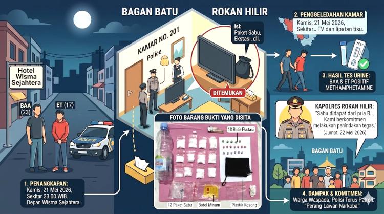 Digerebek Tengah Malam, Pasangan Muda di Hotel Bagan Batu Simpan Sabu dan Ekstasi