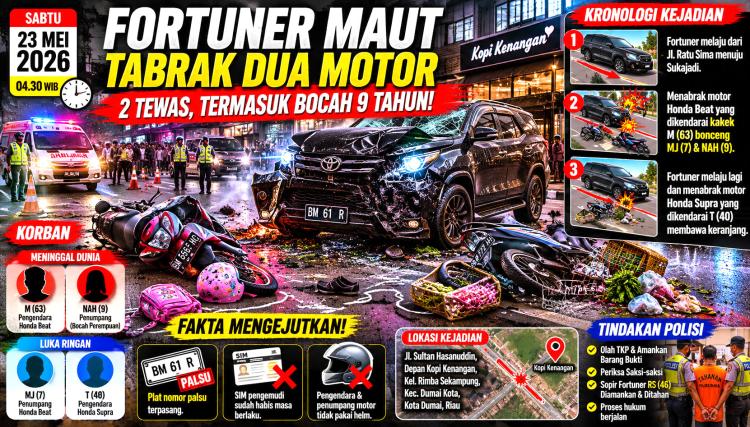 Fortuner Maut Tabrak Dua Motor di Dumai, Kakek dan Cucu Tewas Seketika