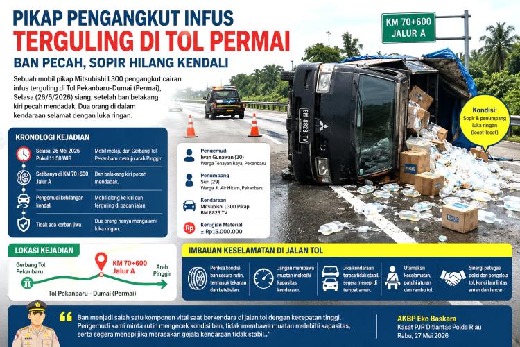 Pikap Pengangkut Cairan Infus Terguling di Tol Pekanbaru-Dumai, Ban Meledak Bikin Sopir Panik