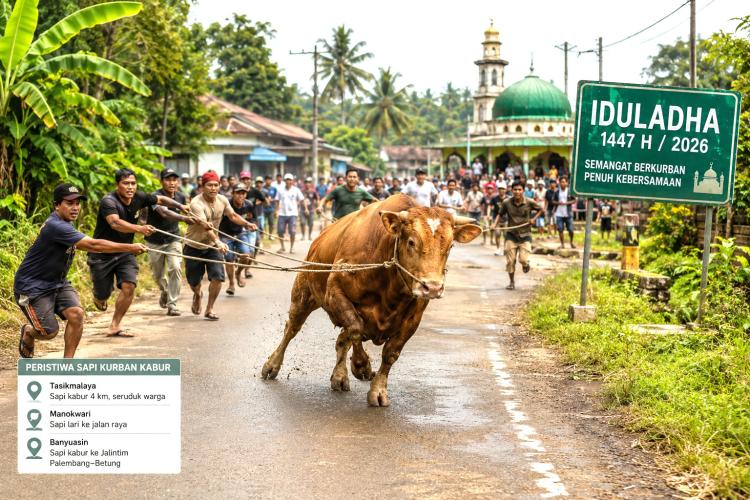 Sapi Kurban Ngamuk! Dari Seruduk Warga, Masuk Kebun, Hingga Disembelih di Tengah Jalan Lintas 